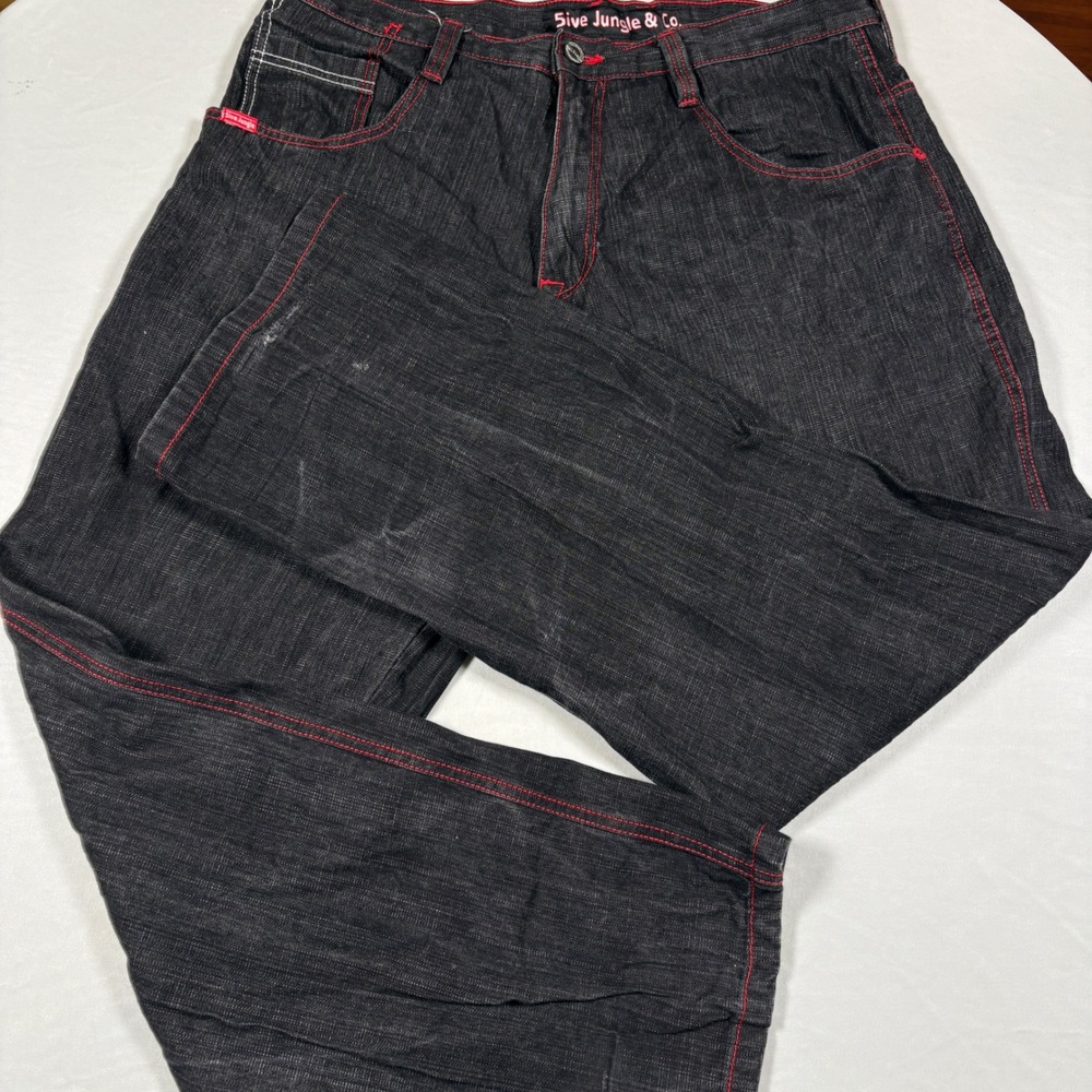 5ive Jungle & Co. Jeans Mens 40x34 Black Red Stitch Streetwear Baggy Y2K - Picture 2 of 12